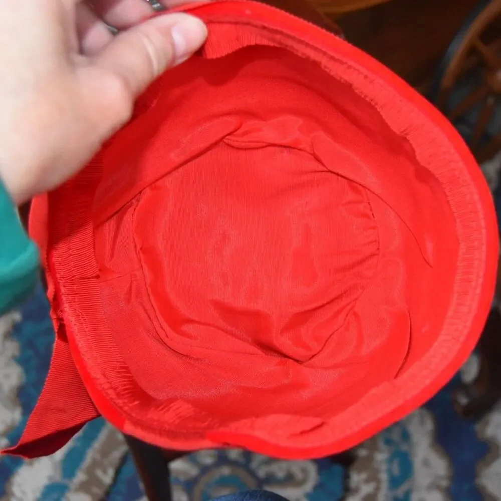 Vintage 1950s Red Pillbox Hat Bow Velour Cocktail Church Hat Sz 21.5